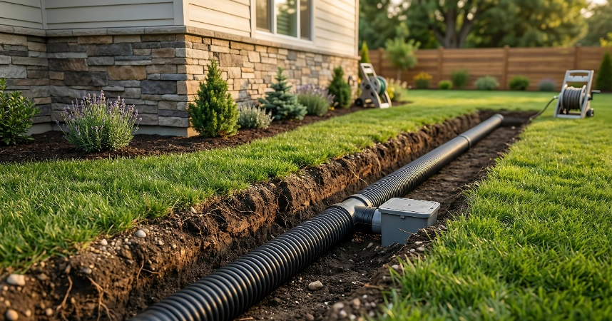 French drain trench with perforated pipe and drainage gravel in Los Angeles